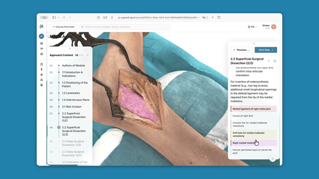 AUGMEDI surgical approach module with a 3D model of an ankle approach, the list of steps on the left and labelled structures on the right. 