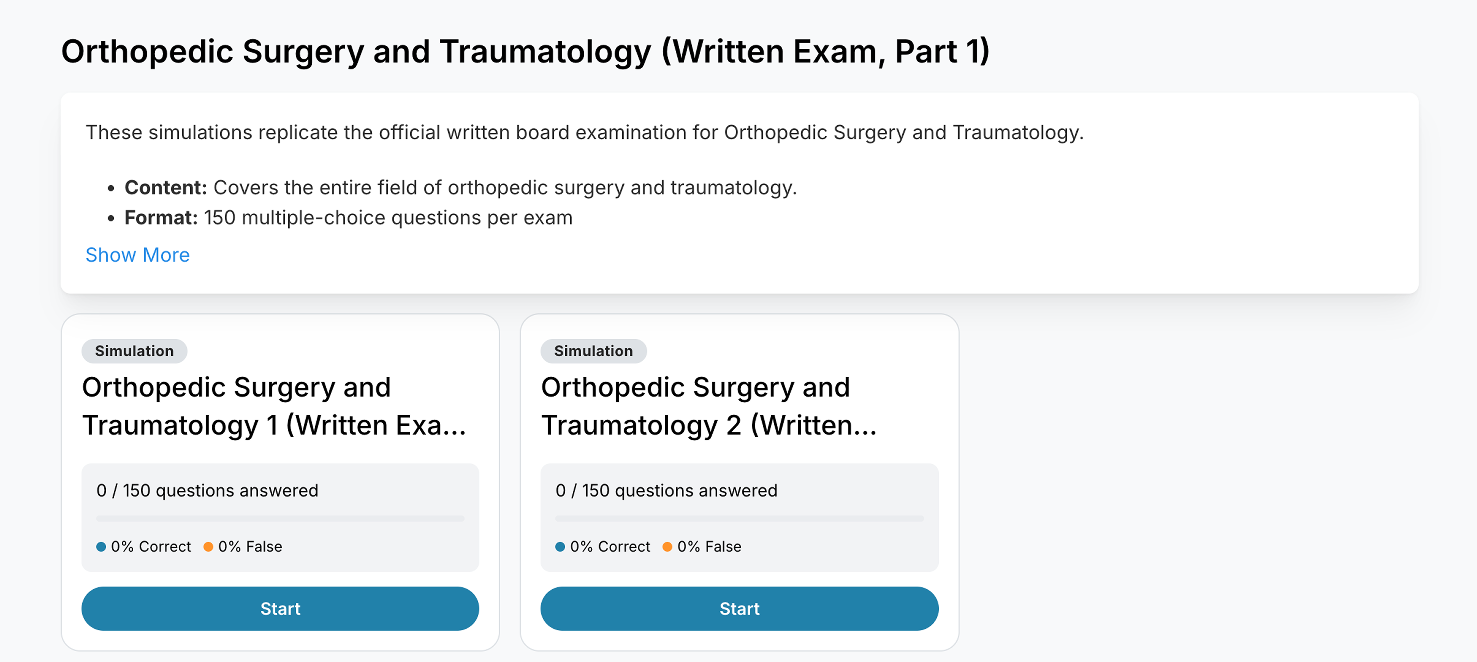 AUGMEDI exam simulation for the Swiss written final exam in orthopaedic surgery and traumatology, with two simulations of 150 questions each. 