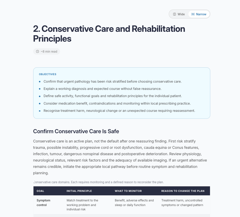 Screenshot eines klinischen Moduls zu Prinzipien der konservativen Behandlung und Rehabilitation, mit Lernzielen und einer Tabelle zu Bereichen der konservativen Behandlung.