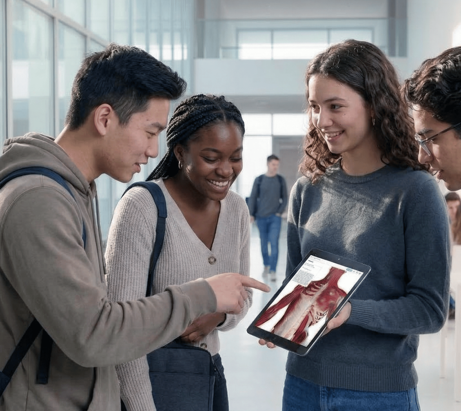 Medical students reviewing 3D anatomy content together on a tablet
