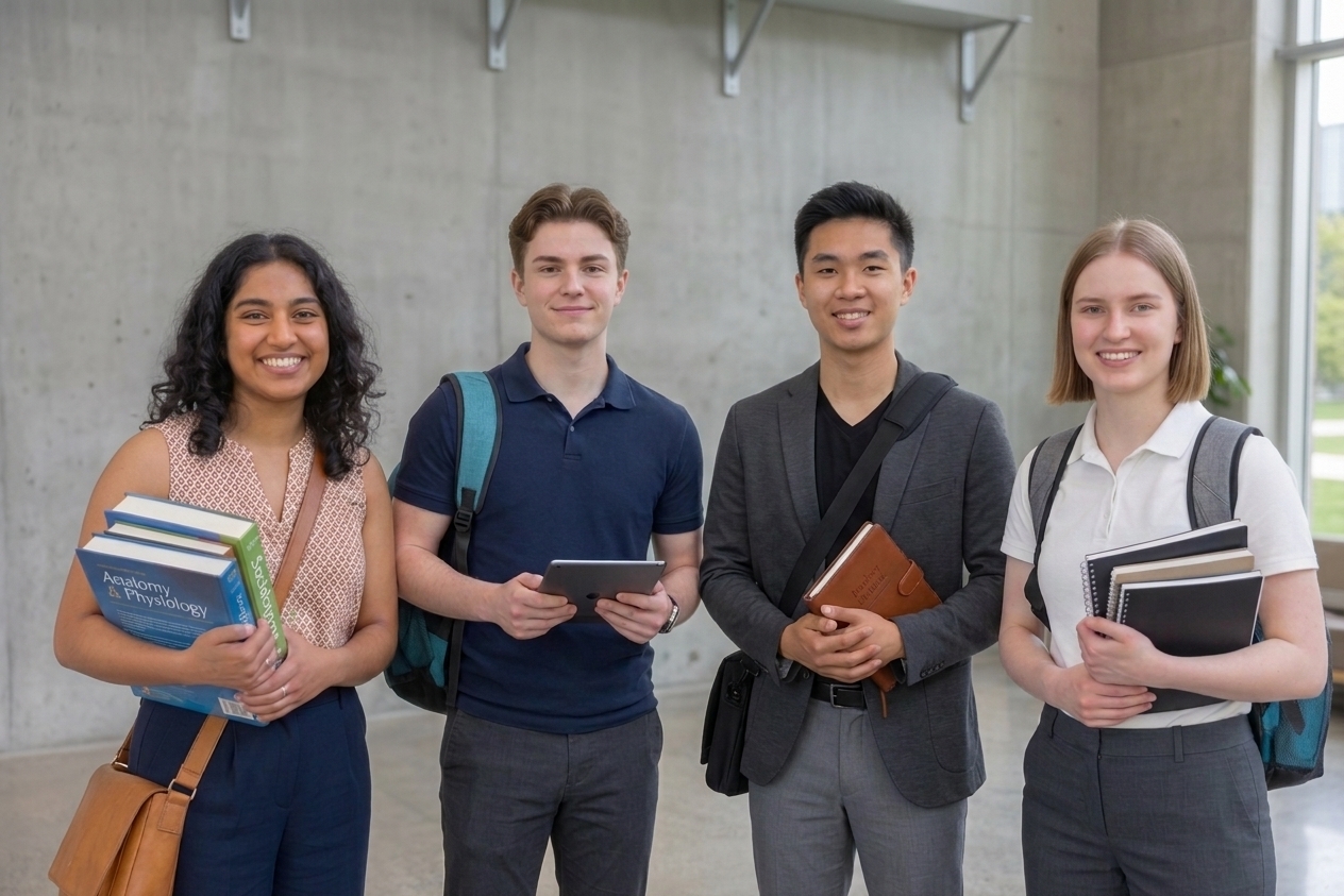 Vier Erstsemester-Studierende mit Lehrbüchern und Notizen